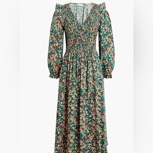 J.Crew Factory V-neck Smocked Floral Green Midi Dress Size PXXS